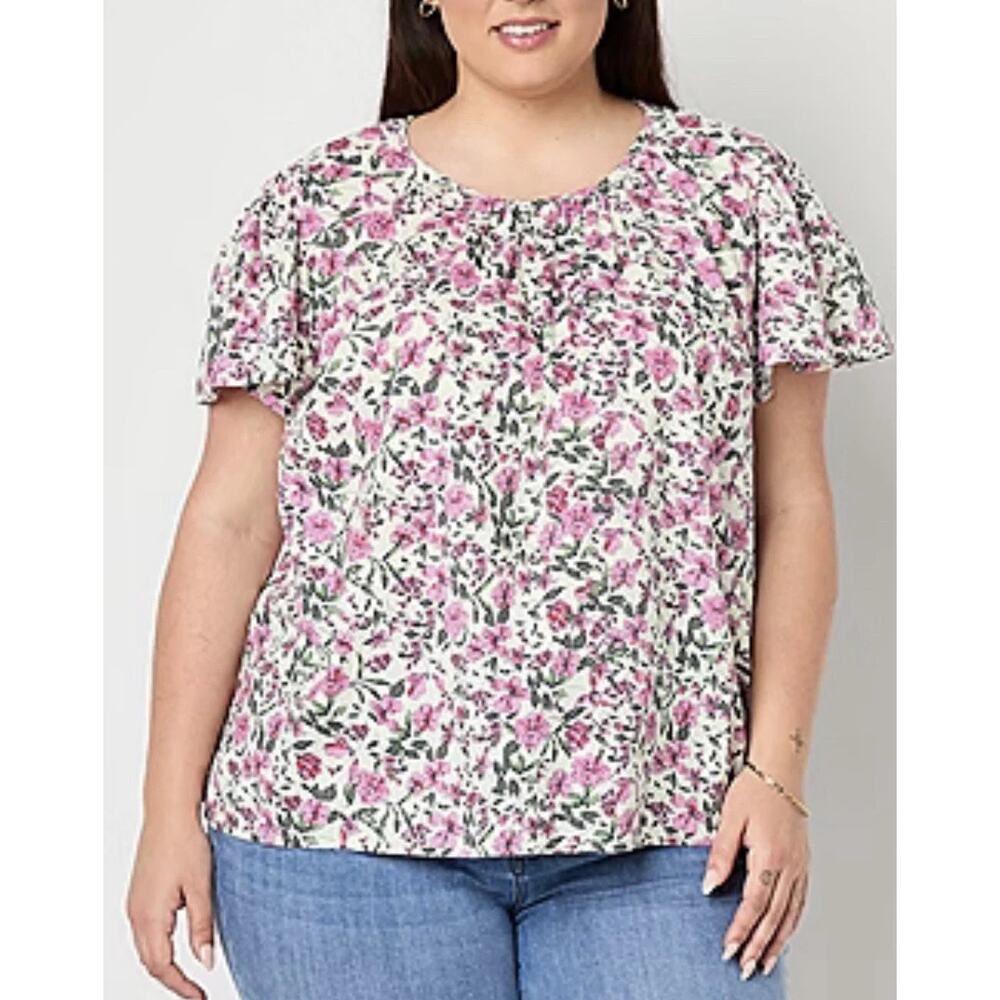 St Johns Bay Floral Short Sleeve Blouse Womens Large